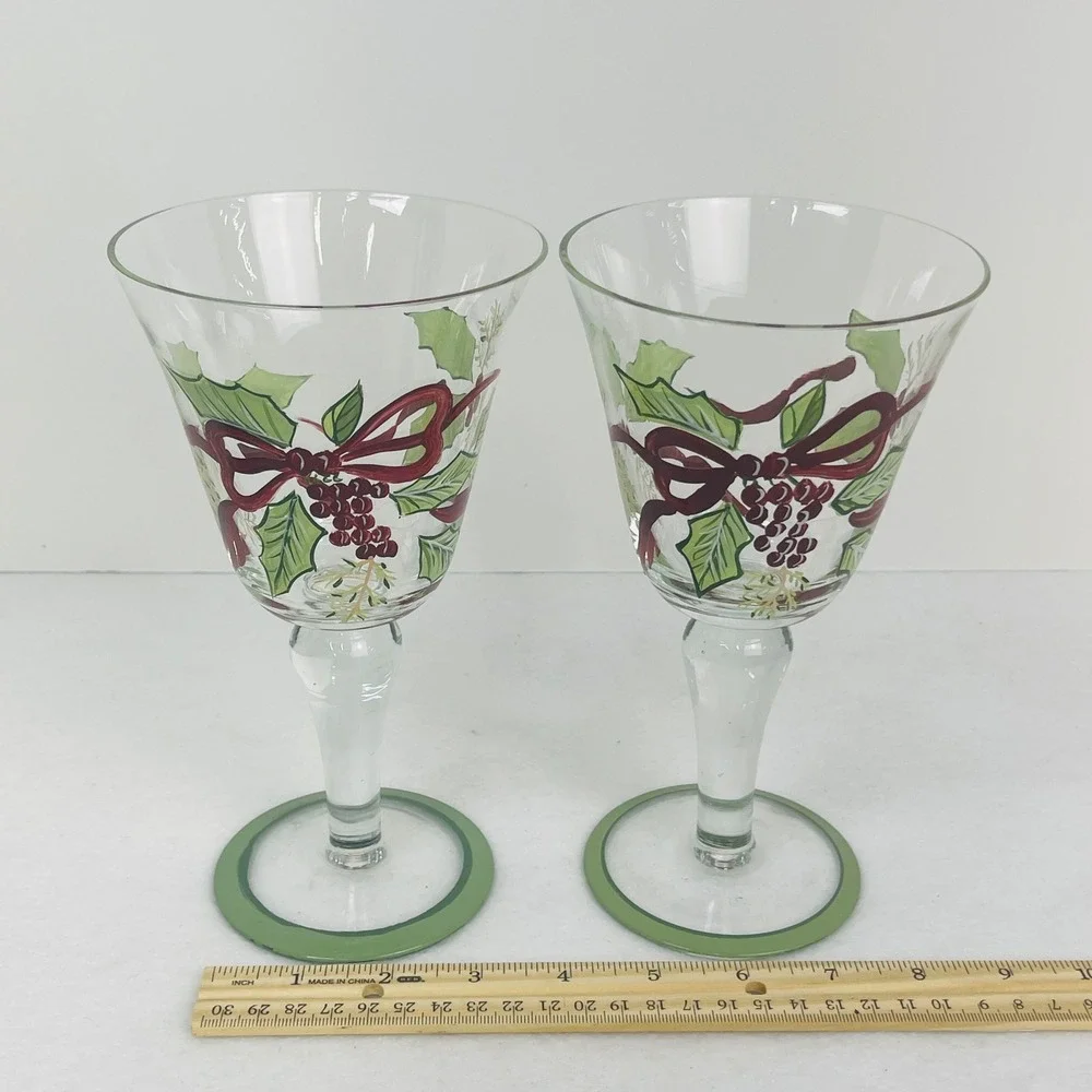 Hand Painted Christmas Holly Berry Wine Glasses Set of 2 Holiday Goblets 8.5